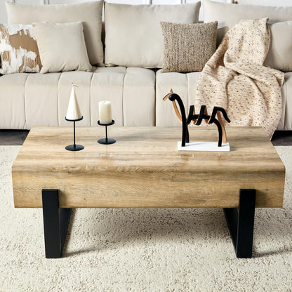 LKTART 47'' Solid Wood Coffee Table with Storage, Rustic Natural Wood Coffee Table for Living Room, Stable Metal Rectangular Tea Table Legs for Dining Room Apartment Small Space