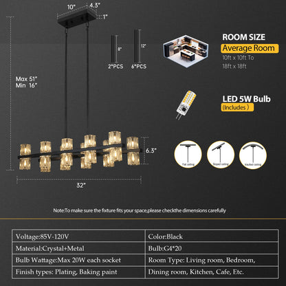 20-Lights L32" Black Crystal Chandeliers for Dining Room Light Fixture