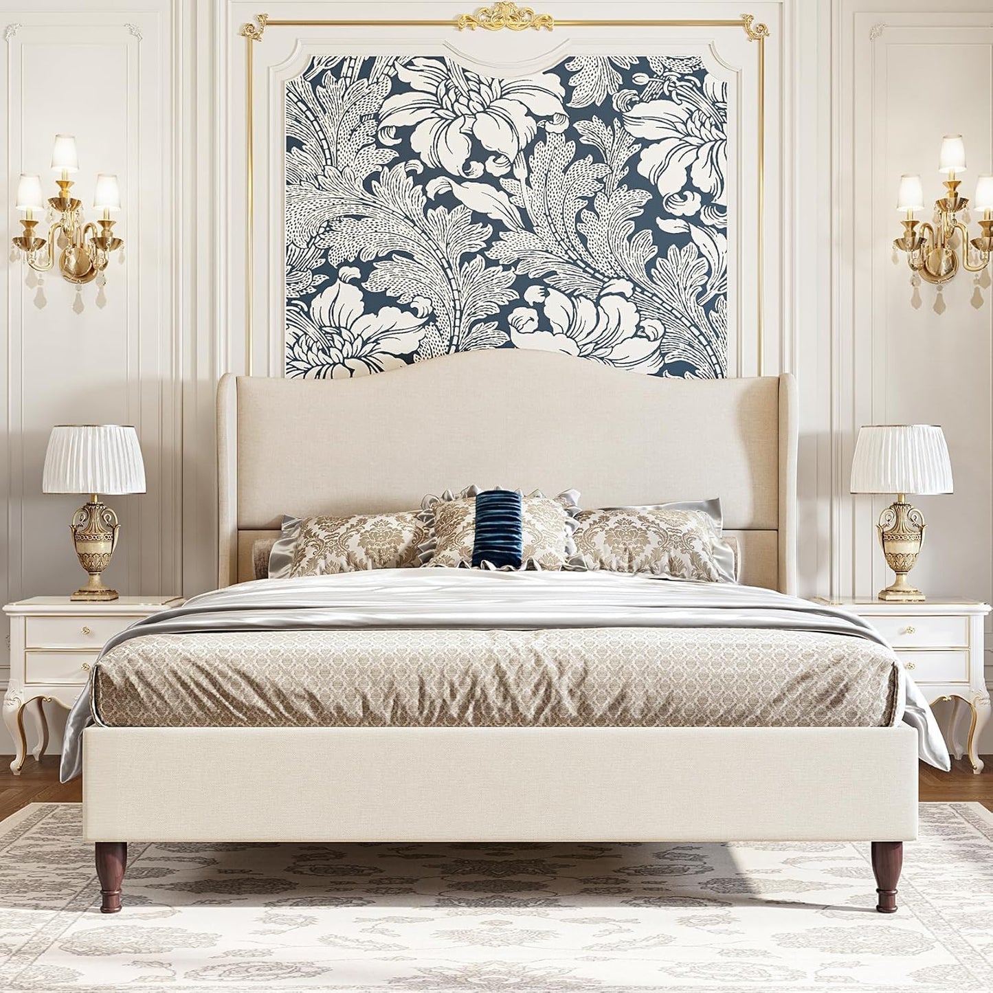 Upholstered Wingback Headboard Queen Size Bed