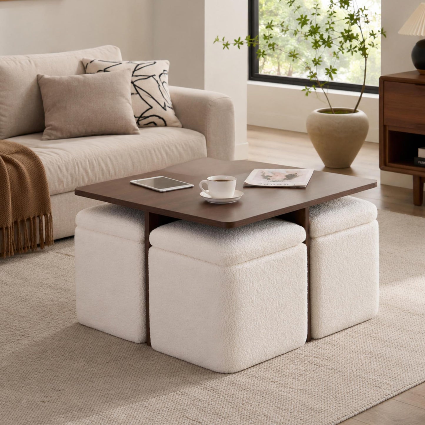 Square Coffee Table with 4 Storage Ottomans,Modern Ottoman Coffee Table with Stools Underneath,Nesting Coffee Tables with Hidden Storage for Bedroom,Living Room,Beige
