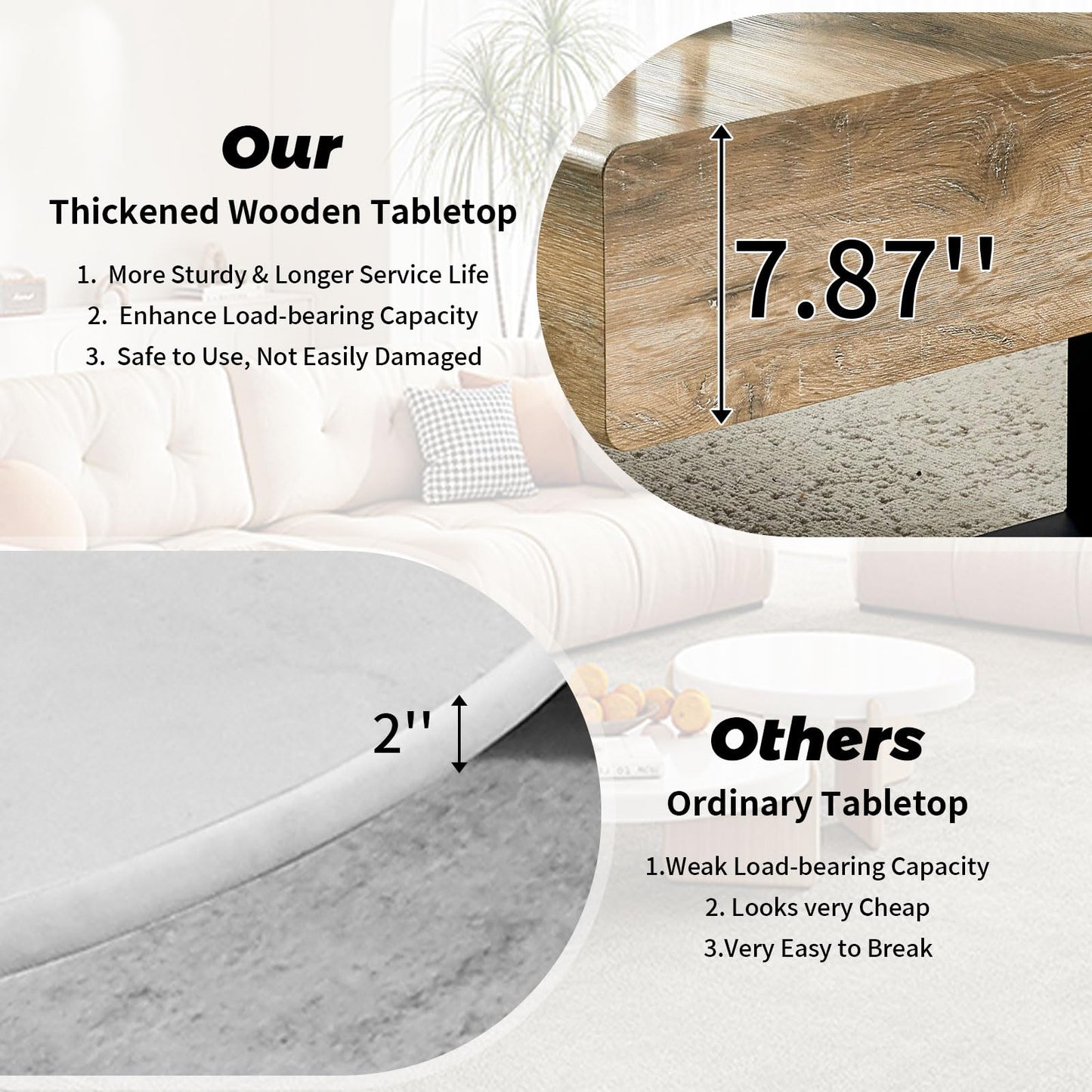 LKTART 47'' Solid Wood Coffee Table with Storage, Rustic Natural Wood Coffee Table for Living Room, Stable Metal Rectangular Tea Table Legs for Dining Room Apartment Small Space