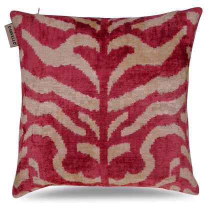 CANVELLO Luxury Velvet Throw Pillow - Handmade Decorative Cushion with Tiger Print Design - Pinkish Red & Beige, 16x16 Inch, Down Feather Insert, Soft & Plush, Boho Chic Accent Pillow for Sofa & Bed