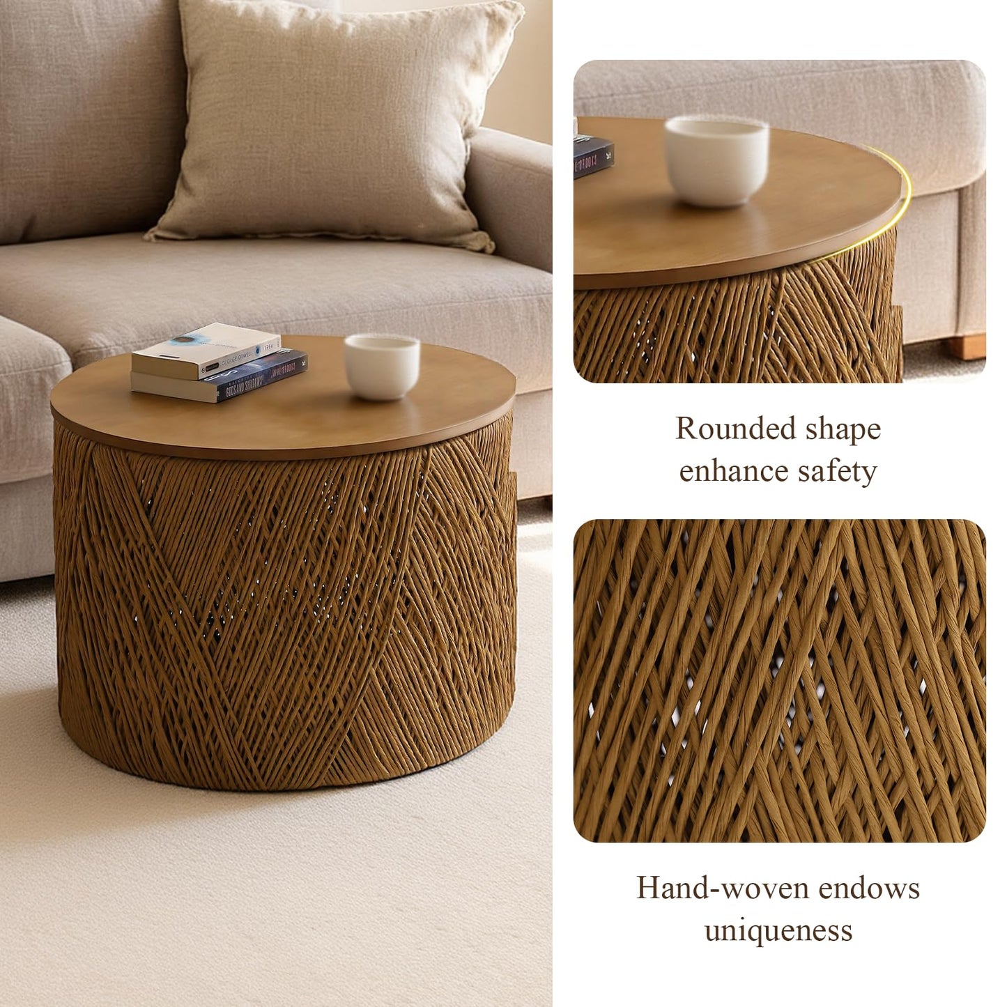 chairus Farmhouse Storage Round Coffee Table Boho Nesting Table with Lifting Top Hand-Woven Rattan Nesting Coffee Tables for Living Room, Walnut