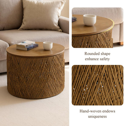 chairus Farmhouse Storage Round Coffee Table Boho Nesting Table with Lifting Top Hand-Woven Rattan Nesting Coffee Tables for Living Room, Walnut