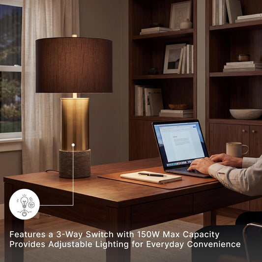 Signature Design by Ashley Jacek Contemporary Table Lamp, 2 Count, 3 Way Switch, Metal, Poly Resin and Drum Shade, 15" W x 15" D x 27.25" H, Gray & Brass Finish