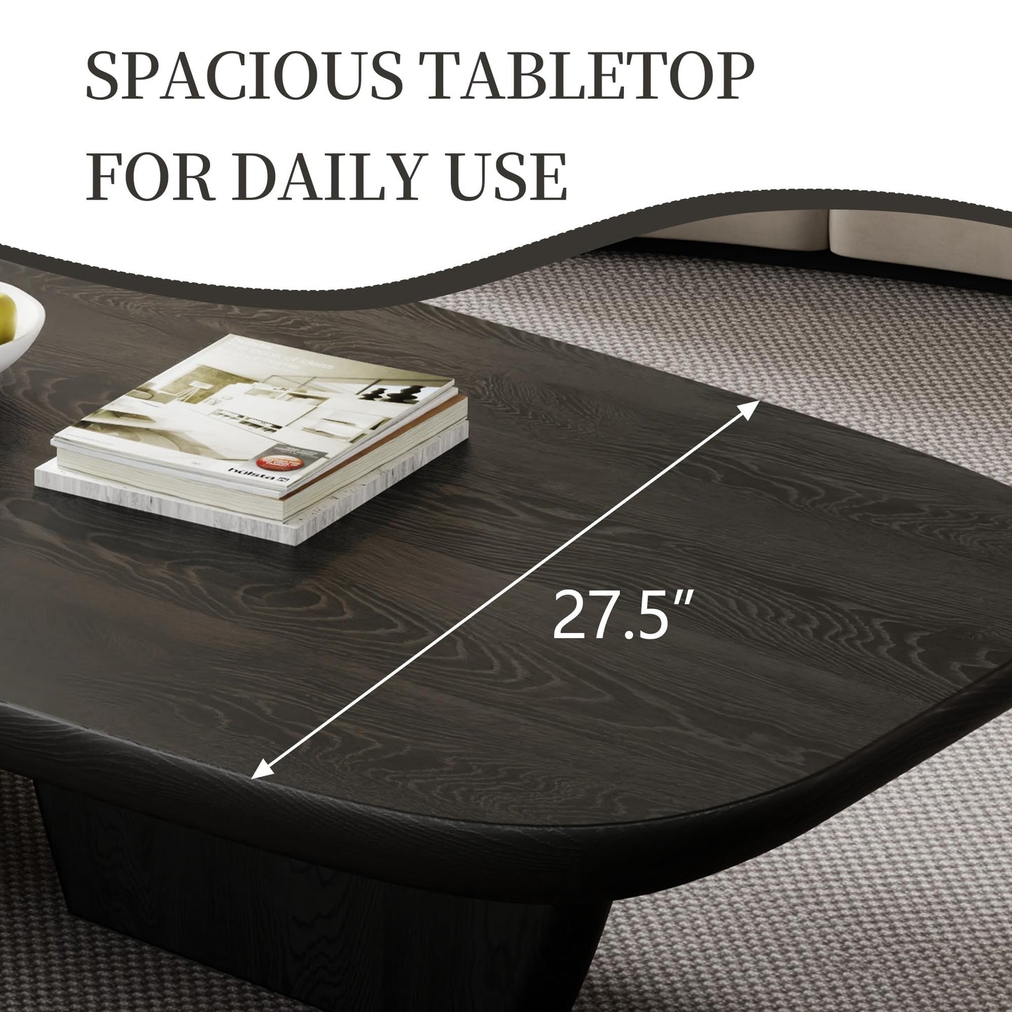 FHKJ Modern Wood Coffee Table for Living Room, 51.2" Black Rectangle Coffee Table with 2 Unique Legs, Center Table for Living Room Table Tea Table for Home Office