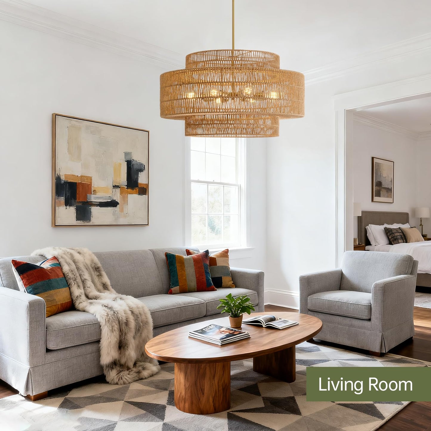InterMaka 30” Boho Rattan Chandelier Light Fixture, 8-Light Large Hand Woven Pendant Light Fixture Farmhouse Rustic Chandeliers for Dining Room, Kitchen, Bedroom, Living Room, Hallway, Foyer