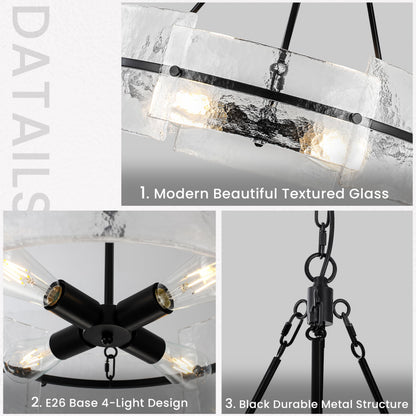 Modern Dining Room Chandelier 22” Black Textured Glass Chandelier Luxury Drum Crystal Light Fixture Farmhouse Round Hanging Lighting for Dining Room Kitchen Island Living Room Hallway Bedroom