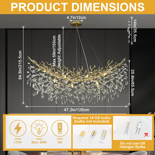 47" Gold and Crystal Branch Chandelier