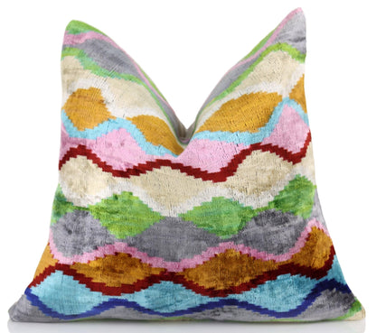 CANVELLO Handmade 16x16 Velvet Pillow – Multicolor Zigzag Ikat Pattern