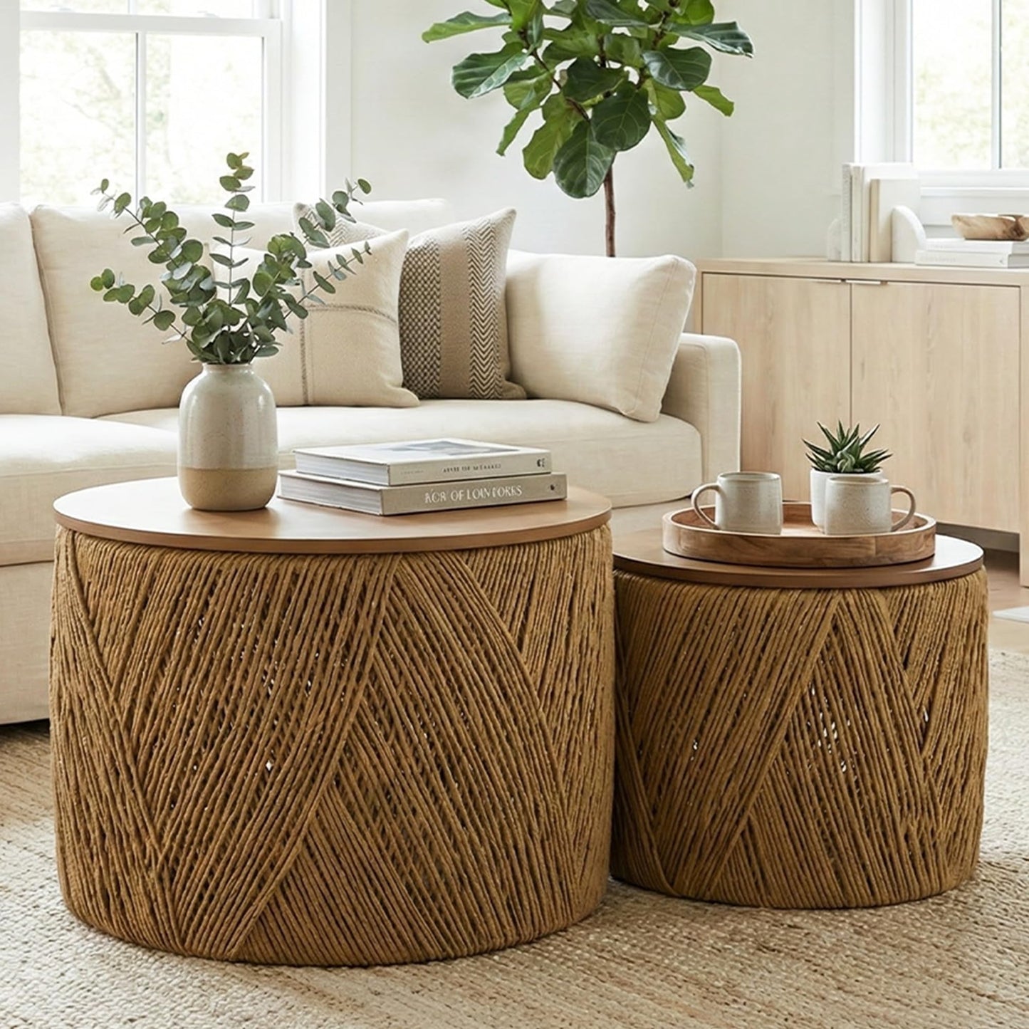 chairus Farmhouse Storage Round Coffee Table Boho Nesting Table with Lifting Top Hand-Woven Rattan Nesting Coffee Tables for Living Room, Walnut