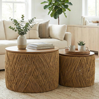 chairus Farmhouse Storage Round Coffee Table Boho Nesting Table with Lifting Top Hand-Woven Rattan Nesting Coffee Tables for Living Room, Walnut