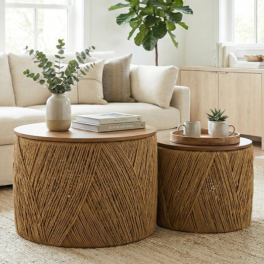 chairus Farmhouse Storage Round Coffee Table Boho Nesting Table with Lifting Top Hand-Woven Rattan Nesting Coffee Tables for Living Room, Walnut