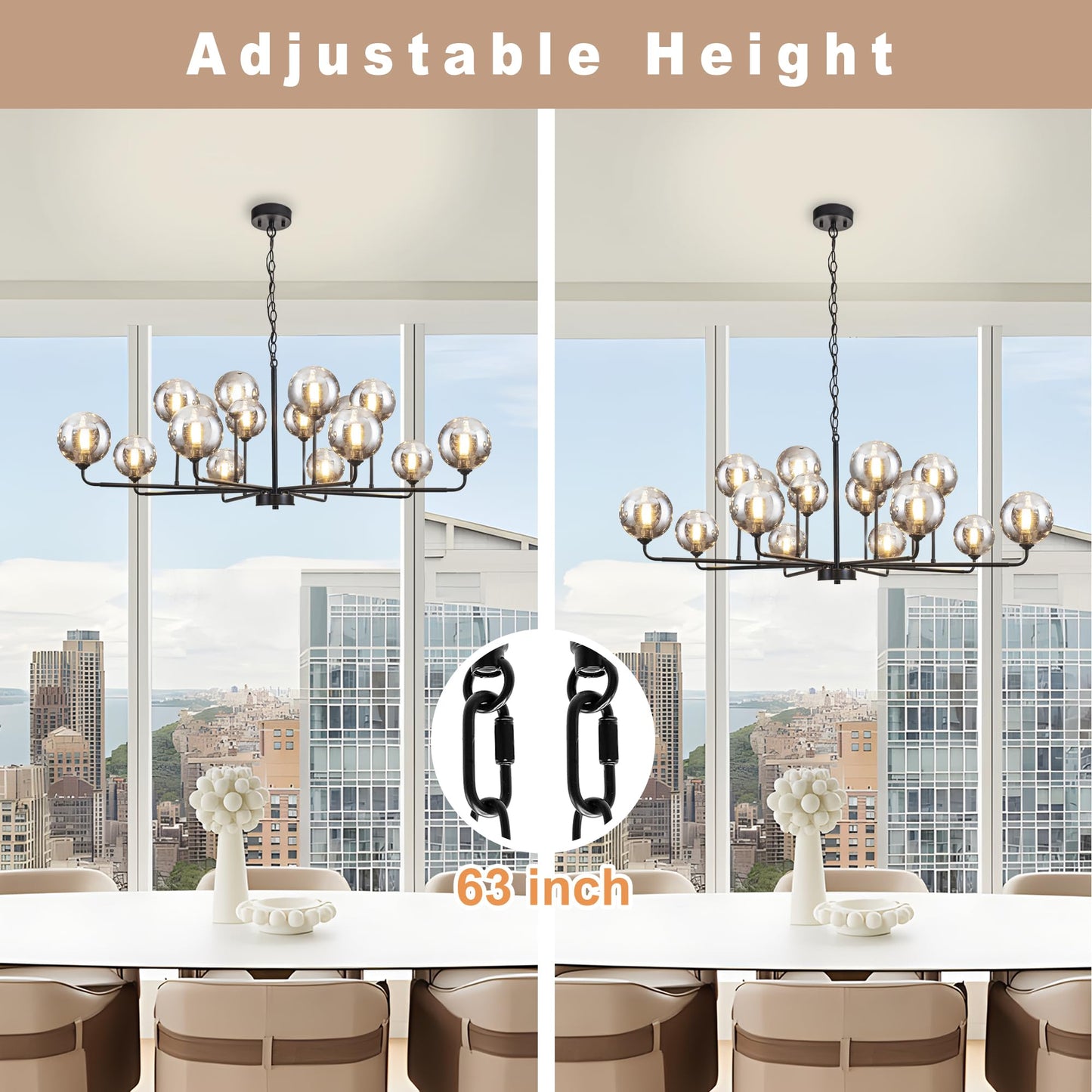 Large Chandeliers for High Ceilings 47.2IN Large Dining Room Chandelier with Smoky Gray Glass Globe Modern Black Chandeliers for Dining Room Large Chandelier Light Fixture for Entryway Living Room