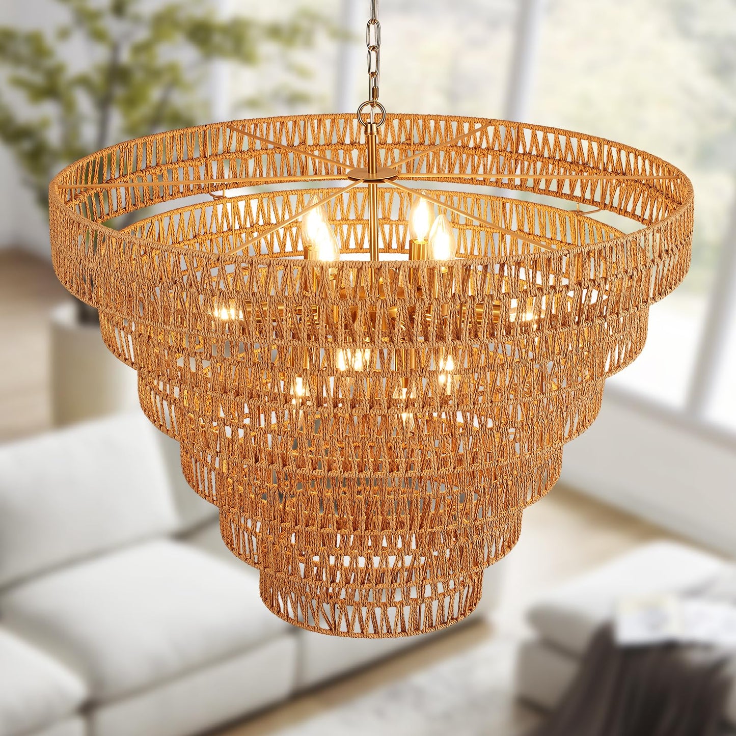 Widluth 31.5" Large Gold Rattan Chandelier, 12-Light Hand-Woven 6-Tier