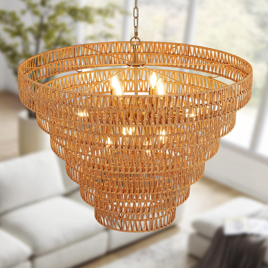 Widluth 31.5" Large Gold Rattan Chandelier, 12-Light Hand-Woven 6-Tier