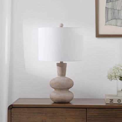 JONATHAN Y 24" Antique Brown Modern Minimalist Sculptural Oak-Grain Resin LED Table Lamp for Living Room Bedroom, White Linen Drum Shade, LED Bulb Included JYL5708A