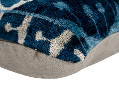 Handmade Velvet Throw Pillow, 16x24 Inches, Premium Down Feather Insert, Geometric Blue Medallion Design, Eco-Friendly Vegetable Dyed, Luxurious Soft Cushion for Modern and Bohemian Home Decor