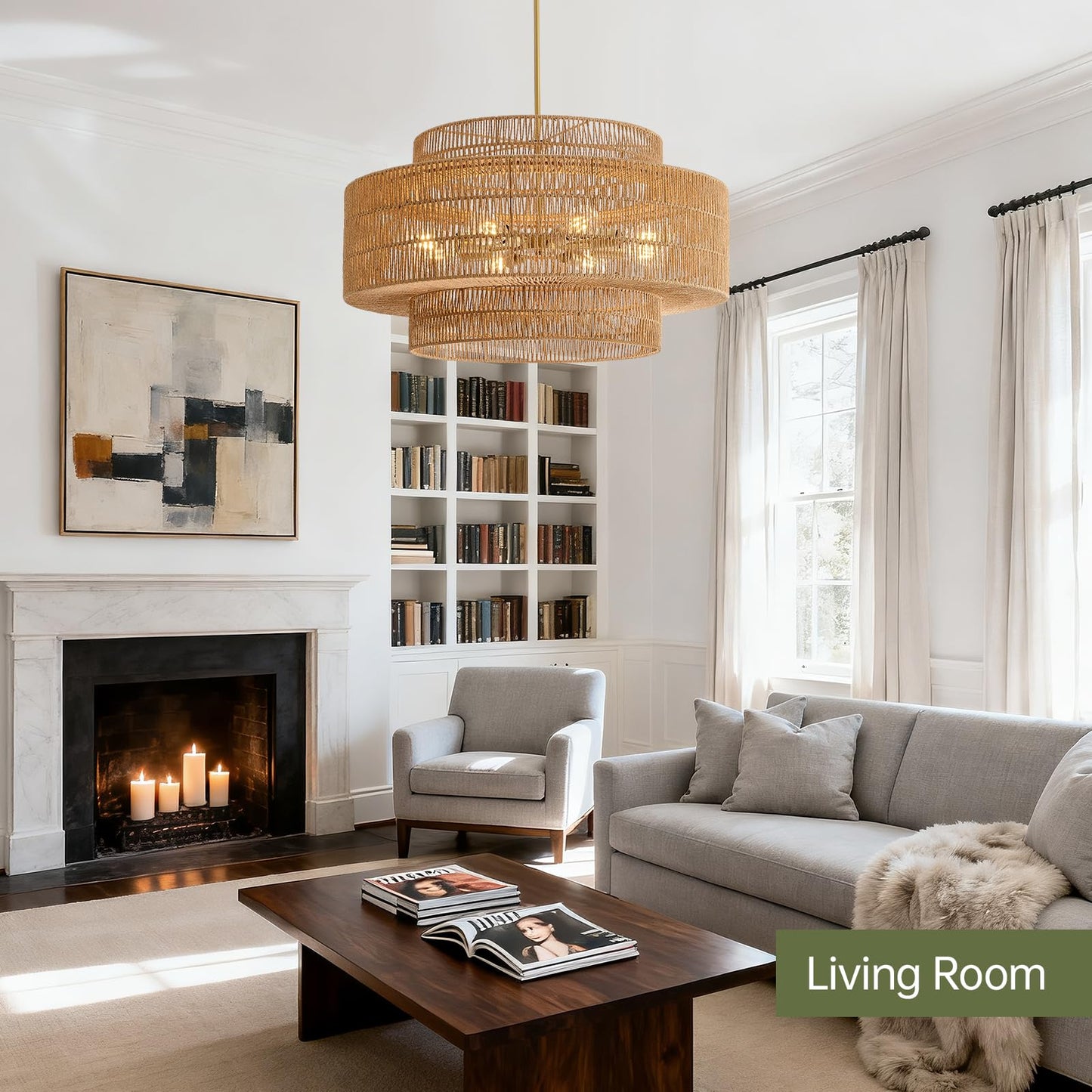 InterMaka 30” Boho Rattan Chandelier Light Fixture, 8-Light Large Hand Woven Pendant Light Fixture Farmhouse Rustic Chandeliers for Dining Room, Kitchen, Bedroom, Living Room, Hallway, Foyer