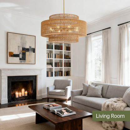 InterMaka 30” Boho Rattan Chandelier Light Fixture, 8-Light Large Hand Woven Pendant Light Fixture Farmhouse Rustic Chandeliers for Dining Room, Kitchen, Bedroom, Living Room, Hallway, Foyer
