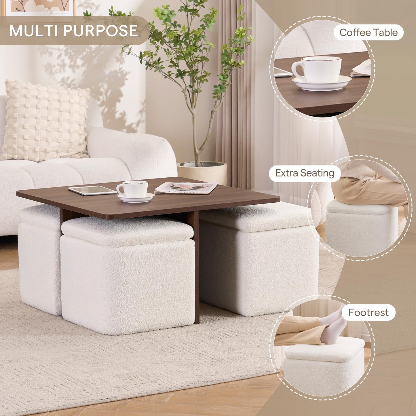 Square Coffee Table with 4 Storage Ottomans,Modern Ottoman Coffee Table with Stools Underneath,Nesting Coffee Tables with Hidden Storage for Bedroom,Living Room,Beige