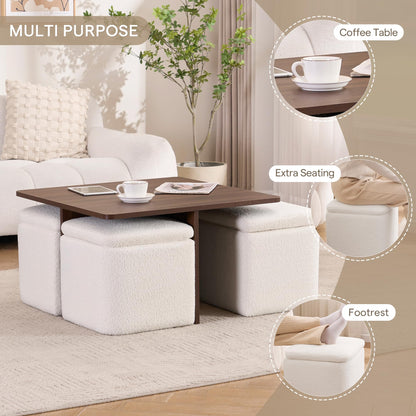 Square Coffee Table with 4 Storage Ottomans,Modern Ottoman Coffee Table with Stools Underneath,Nesting Coffee Tables with Hidden Storage for Bedroom,Living Room,Beige