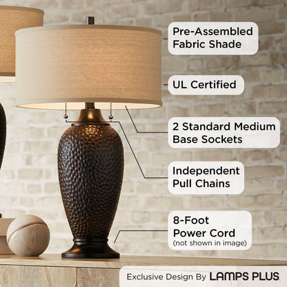 360 Lighting Cody Modern Industrial Rustic Table Lamps 26" High Set of 2 Hammered Oiled Bronze Brown Oatmeal Linen Drum Shade for Living Room Bedroom House Bedside Nightstand Home Office