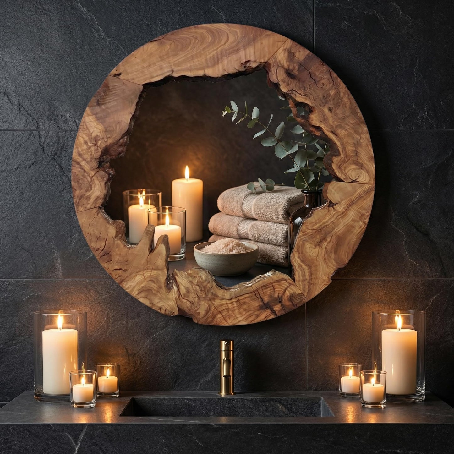 Live Edge Olive Wood Mirror - Round Rustic Wall Decor for Entryway & Bathroom, Solid Wood Circle Mirror, Organic Modern Farmhouse Aesthetic, Premium Natural Grain Decorative Accent, 16"