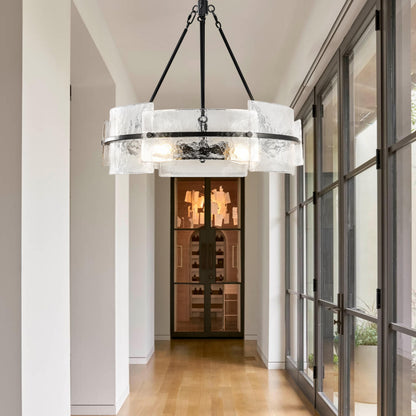 Modern Dining Room Chandelier 22” Black Textured Glass Chandelier Luxury Drum Crystal Light Fixture Farmhouse Round Hanging Lighting for Dining Room Kitchen Island Living Room Hallway Bedroom