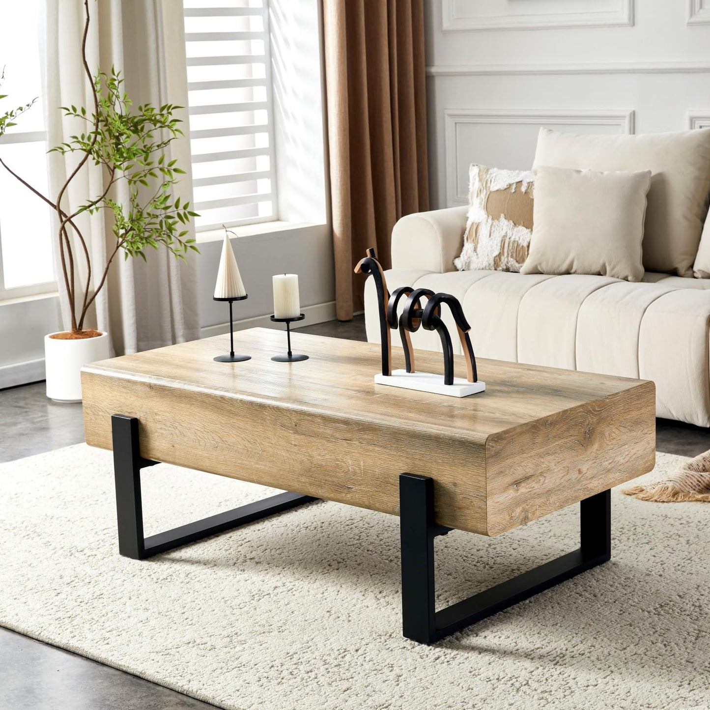 LKTART 47'' Solid Wood Coffee Table with Storage, Rustic Natural Wood Coffee Table for Living Room, Stable Metal Rectangular Tea Table Legs for Dining Room Apartment Small Space