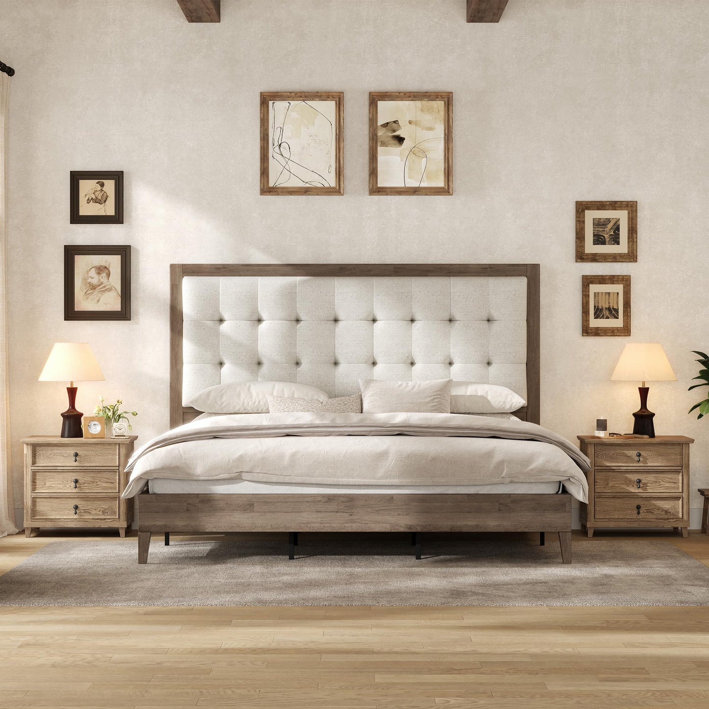 Wood Bed with Tufted Upholstered Headboard
