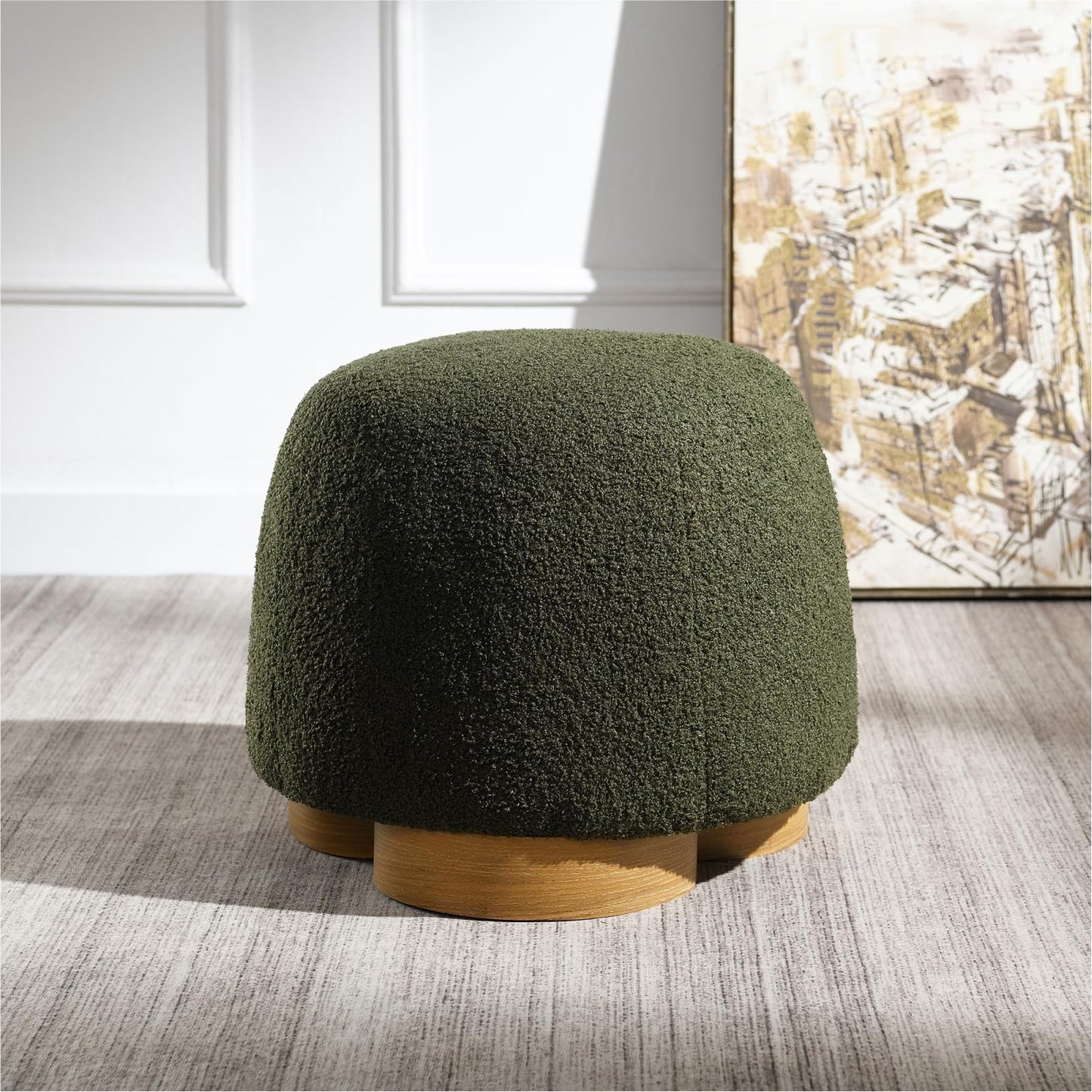 Round Boucle Ottoman with Wood Feet