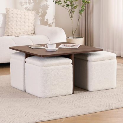 Square Coffee Table with 4 Storage Ottomans,Modern Ottoman Coffee Table with Stools Underneath,Nesting Coffee Tables with Hidden Storage for Bedroom,Living Room,Beige