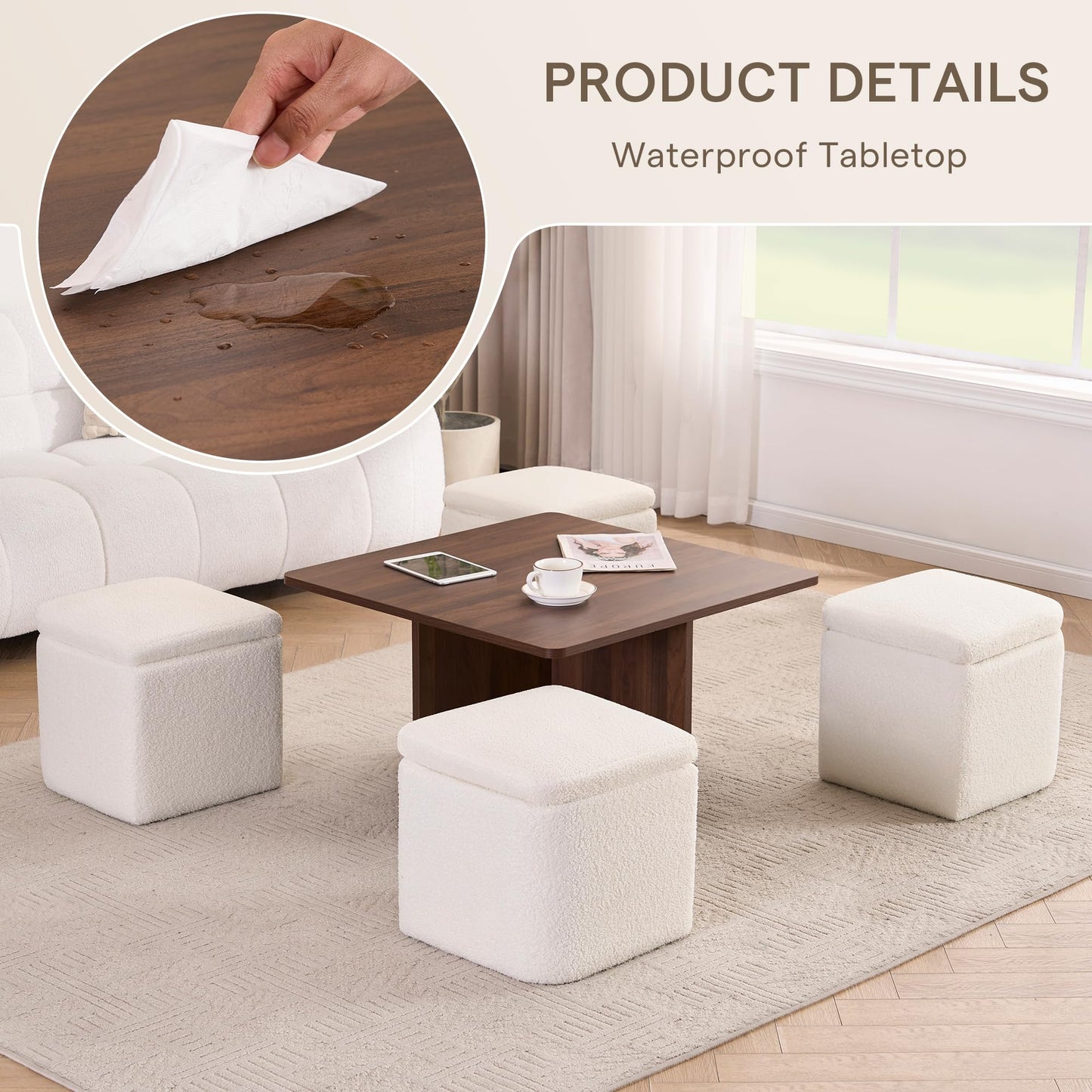 Square Coffee Table with 4 Storage Ottomans,Modern Ottoman Coffee Table with Stools Underneath,Nesting Coffee Tables with Hidden Storage for Bedroom,Living Room,Beige