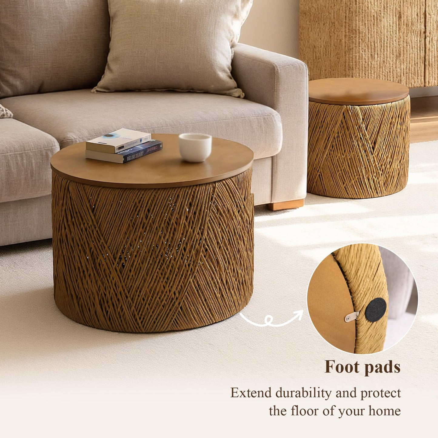 chairus Farmhouse Storage Round Coffee Table Boho Nesting Table with Lifting Top Hand-Woven Rattan Nesting Coffee Tables for Living Room, Walnut