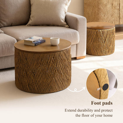 chairus Farmhouse Storage Round Coffee Table Boho Nesting Table with Lifting Top Hand-Woven Rattan Nesting Coffee Tables for Living Room, Walnut
