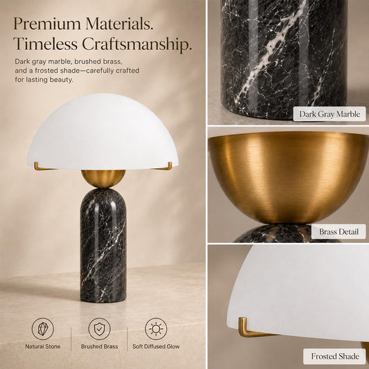 Coolilumi Natural Stone Table Lamp, Mid-Century Modern Dome Mushroom Lamp with Black Travertine Base and Frosted Glass Shade, Minimalist Bedside Nightstand Light for Bedroom, Living Room 14.5" Height