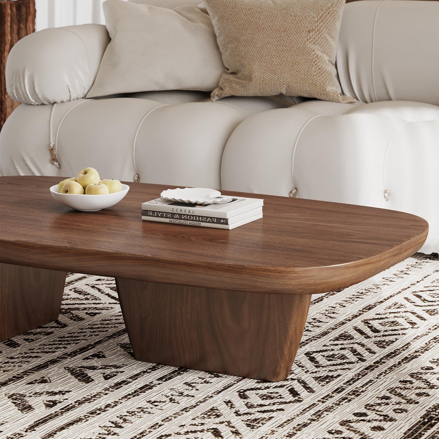 Mid Century Modern Wood Coffee Table with Rounded Edges and Unique Dual Leg Design, Easy Assembly Brown Living Room Center Table, 51.2" Rectangular Tea Table