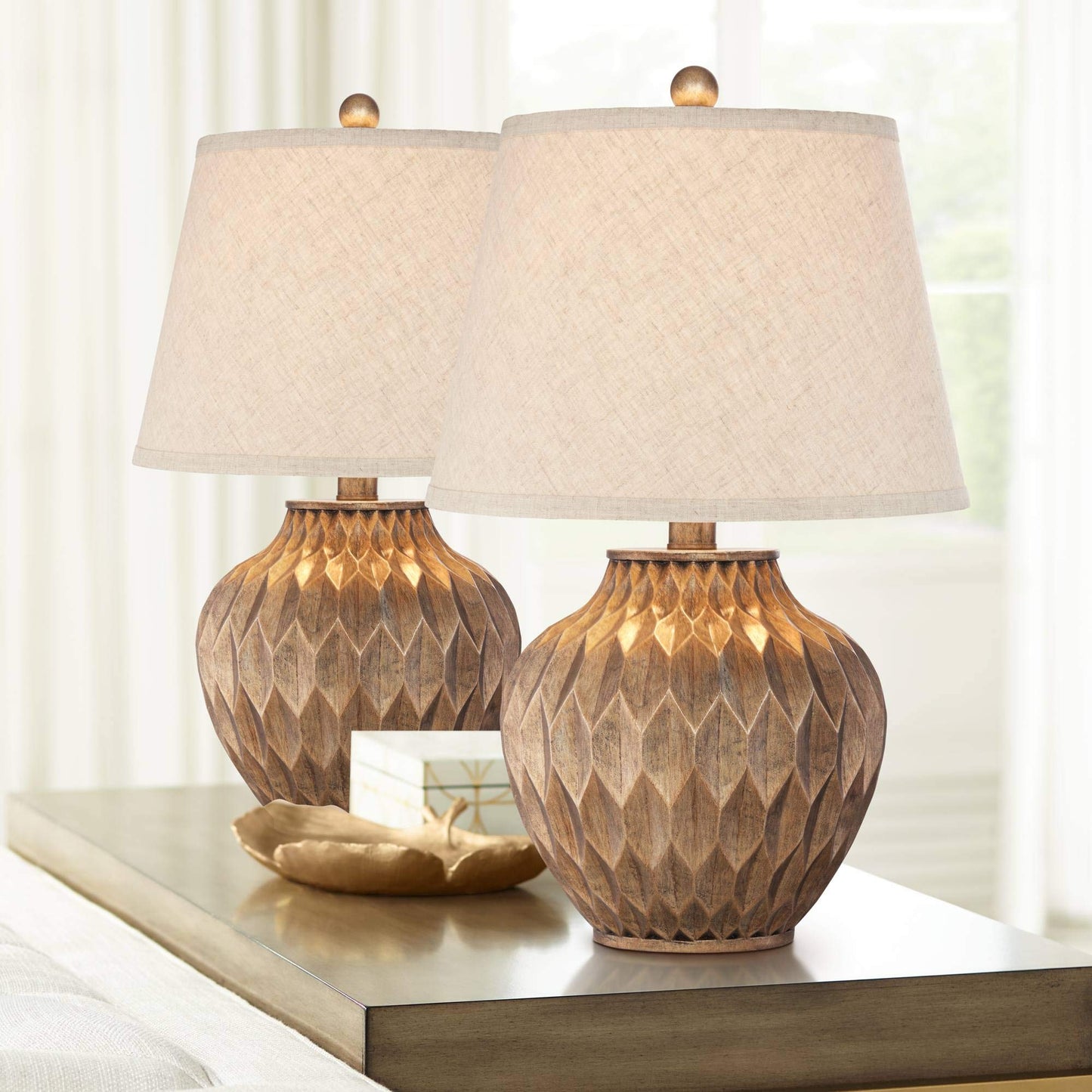 360 Lighting Buckhead Traditional Style Small Accent Table Lamps 22" High Set of 2 Warm Bronze Geometric Urn Tapered Drum Shade for Living Room Bedroom House Bedside Nightstand Home Office