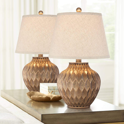 360 Lighting Buckhead Traditional Style Small Accent Table Lamps 22" High Set of 2 Warm Bronze Geometric Urn Tapered Drum Shade for Living Room Bedroom House Bedside Nightstand Home Office