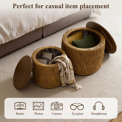 chairus Farmhouse Storage Round Coffee Table Boho Nesting Table with Lifting Top Hand-Woven Rattan Nesting Coffee Tables for Living Room, Walnut