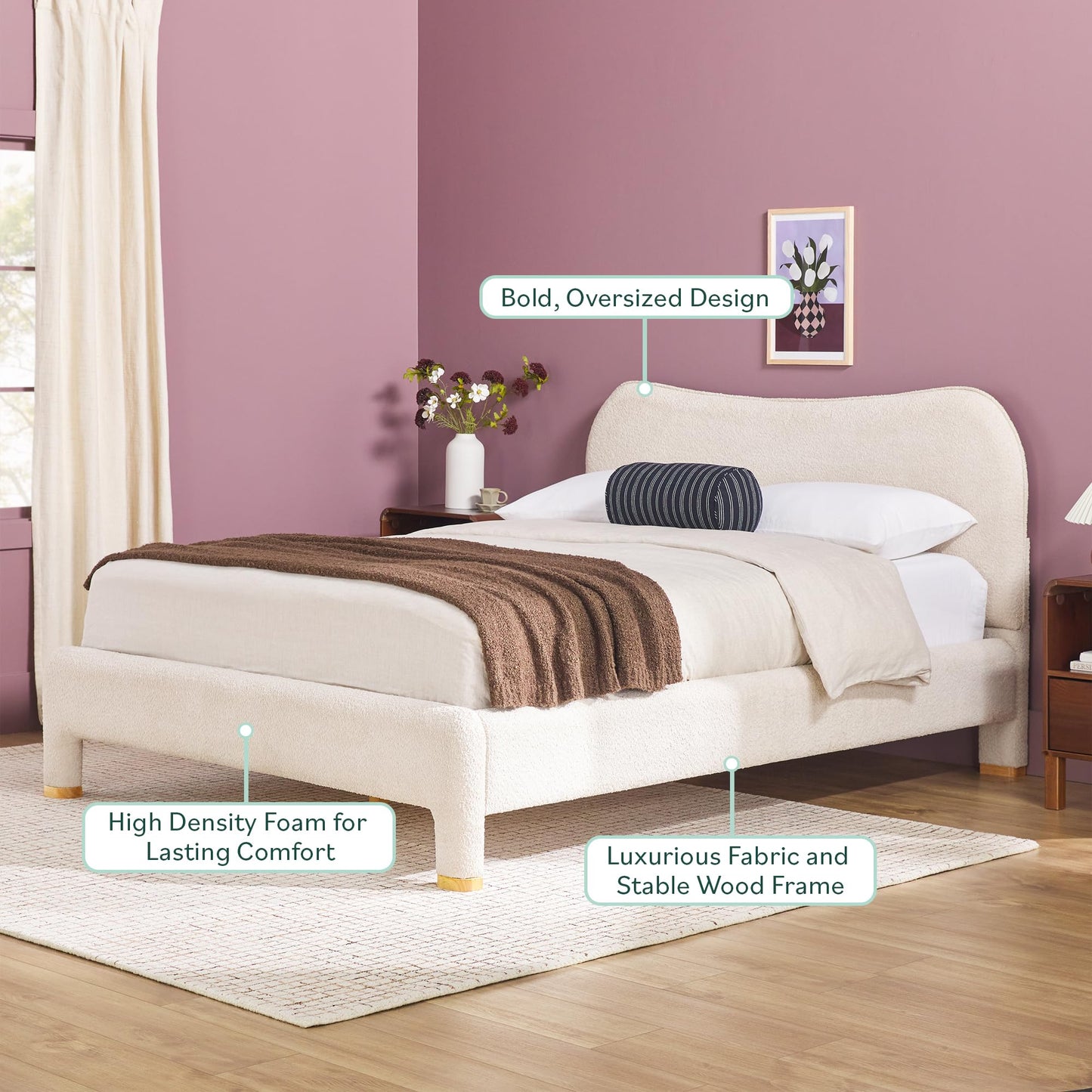 Curved Upholstered Queen Size Bed
