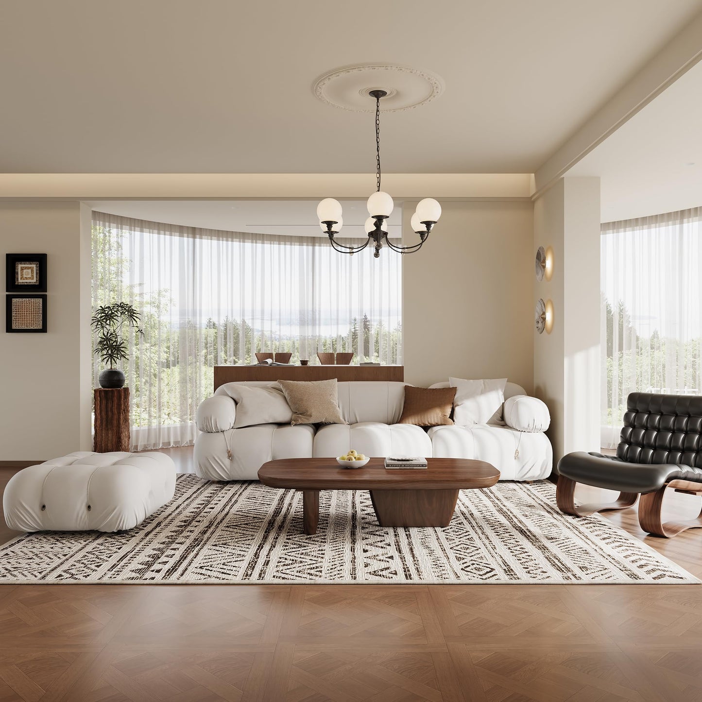 Mid Century Modern Wood Coffee Table with Rounded Edges and Unique Dual Leg Design, Easy Assembly Brown Living Room Center Table, 51.2" Rectangular Tea Table