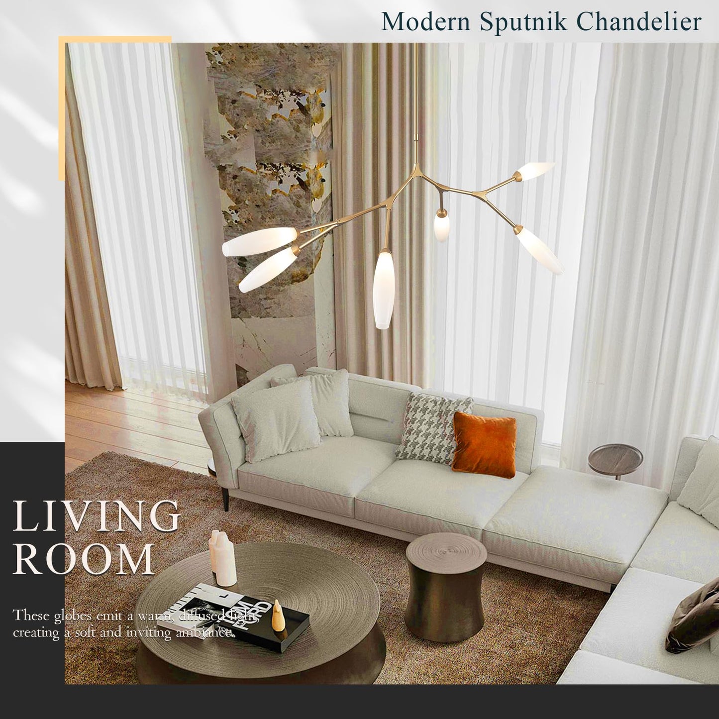 Sparklelf Modern 6-Light Chandelier Elegance Sputnik Chandeliers for Dining Room L50’’ Large Glass Chandelier Adjustable Branch Pendant Light Fixture for Living Room Kitchen Bedroom