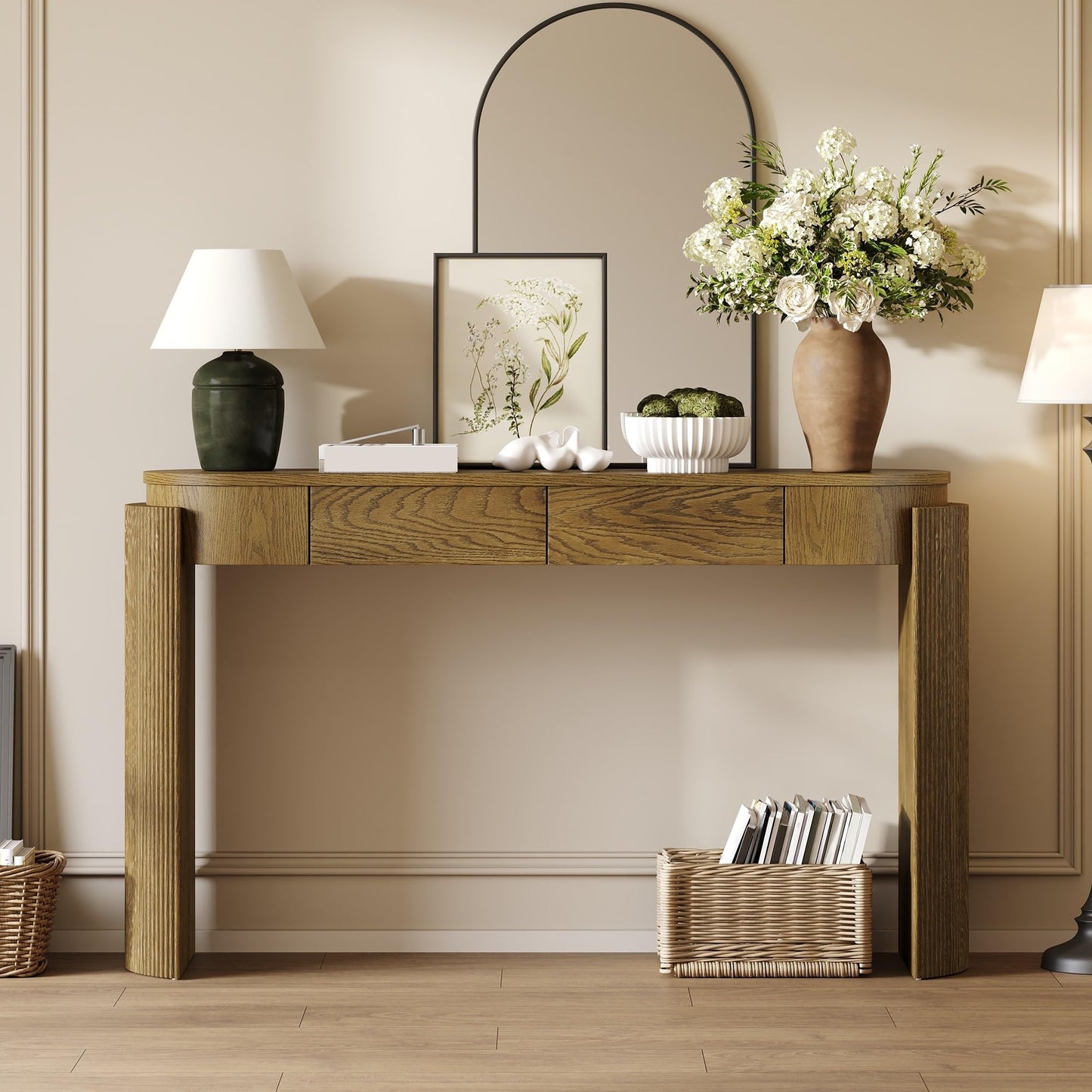 55" Wood Curved Console Table with Drawers