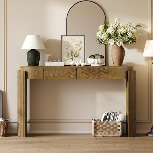 55" Wood Curved Console Table with Drawers