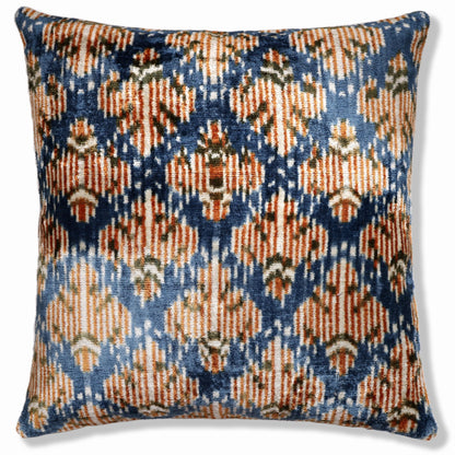 CANVELLO Blue Ikat Silk Velvet Pillow 20x20 | Handmade Designer Accent Cushion
