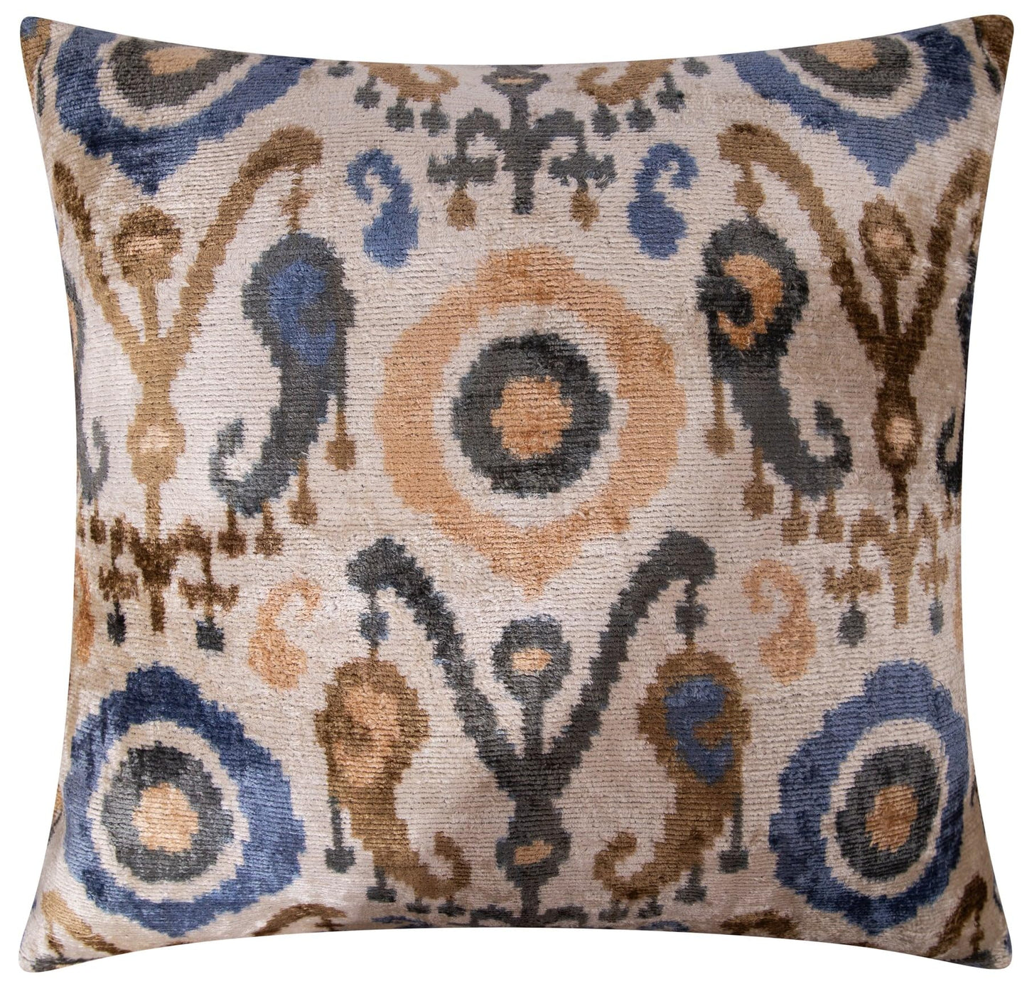 CANVELLO Handmade Velvet Throw Pillow with Intricate Ikat Design, Premium Down Feather Insert, 20x20 Inch Decorative Accent for Sofas, Couches, and Interiors - Beige, Blue, and Brown