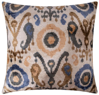 CANVELLO Handmade Velvet Throw Pillow with Intricate Ikat Design, Premium Down Feather Insert, 20x20 Inch Decorative Accent for Sofas, Couches, and Interiors - Beige, Blue, and Brown