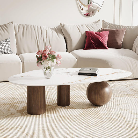 54" Coffee Table with Faux-Marble Top & Faux-Wood Metal Legs